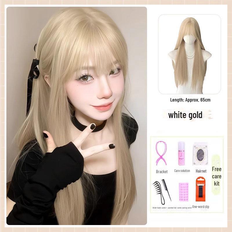 Platinum Blonde Long Wig for Women - Mi Haisha Cosplay Lolita Full-Cover Straight Hairstyle Set