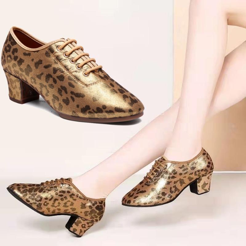 Fashion Golden Leopard Print Women Girls Latin Shoes Teacher Shoes Lace Up Modern Ballroom Jazz Practise Shoes 5CM Heel
