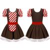 Kids Girls Xmas Gingerbread Tutu Dance Dress Bubble Sleeve Candy Cane Cosplay Dress-Up