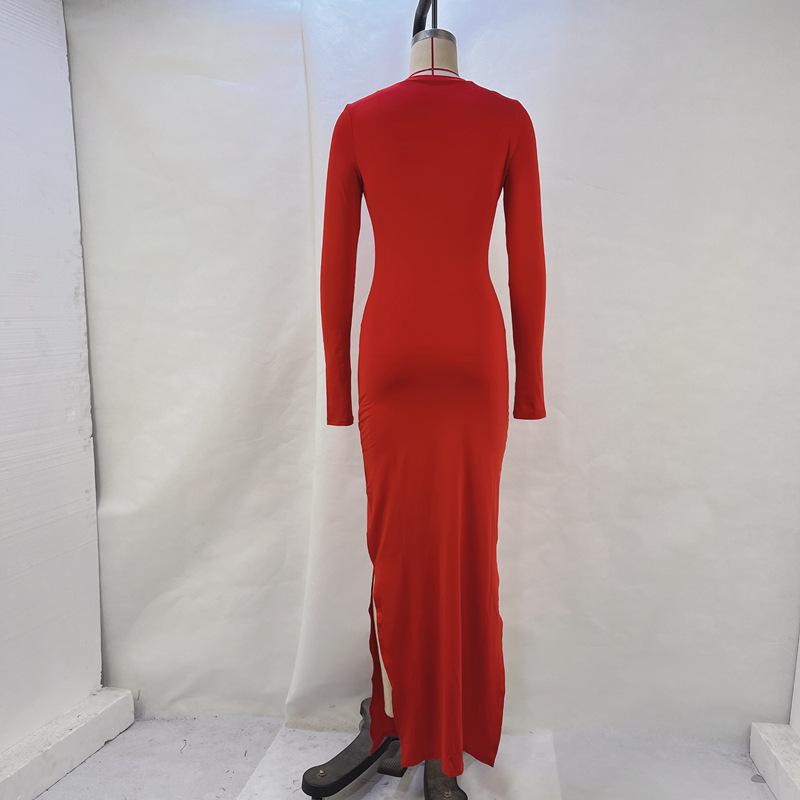 Женские однотонные платья с длинным рукавом и разрезом на бедрах