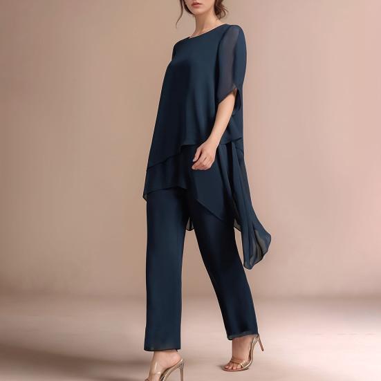 Women's 2-Piece Chiffon Set Casual Plus Size Wide Pant Suit Ruffle Asymmetric Layers Wedding Guest Outfit for Spring Summer