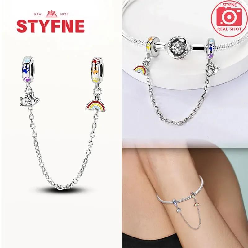 Real Silver 925 Star and Moon Flower Heart Safety Chain Wearable Jewelry Gift Bracelet DIY Beads for Women
