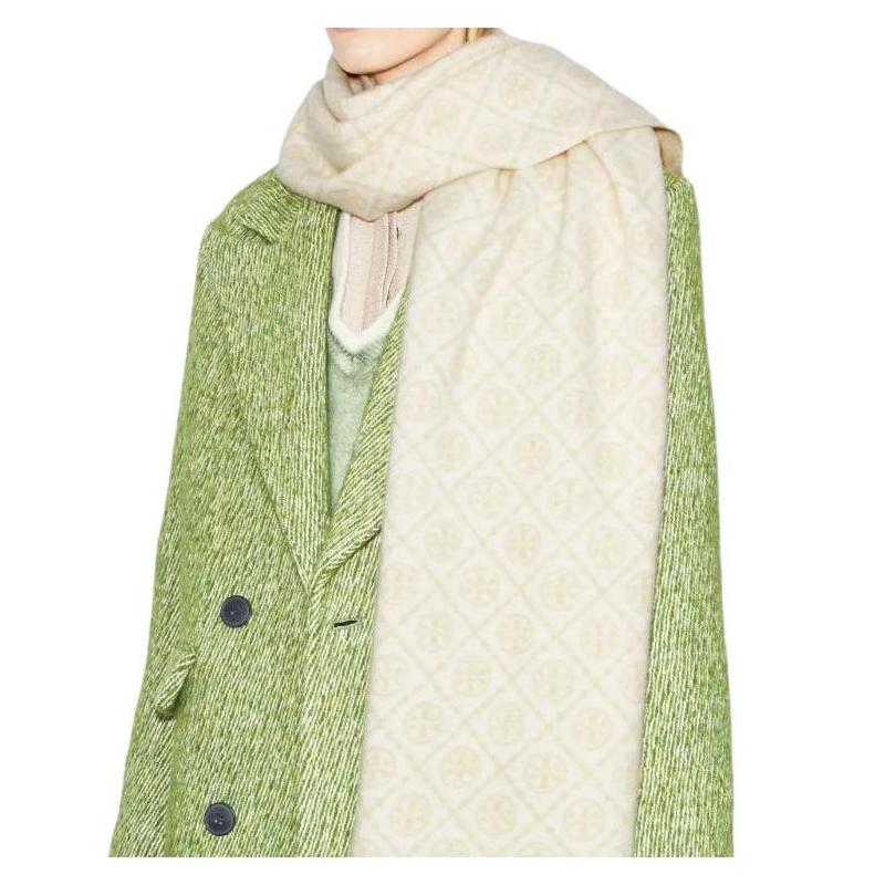 TORY BURCH T Monogram letter pattern tassel edge cashmere/wool wool scarf women's white 164571-White F
