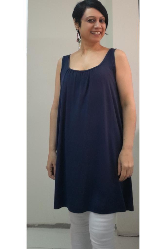 Women's Style Big Size T-Shirt Navy Blue Combed Cotton Viscose T-Shirt With Gathered Front And Back Straps