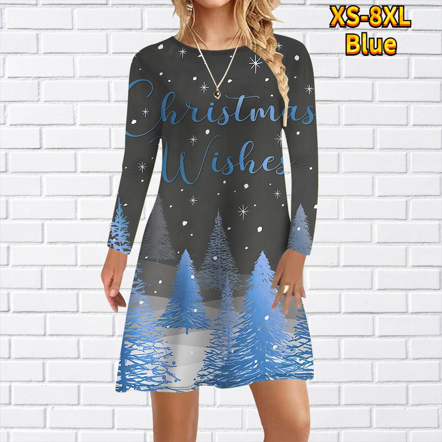Женское повседневное платье с принтом рождественской елки и снега Платья для женщин с круглым вырезом и коротким рукавом Платье размера плюс