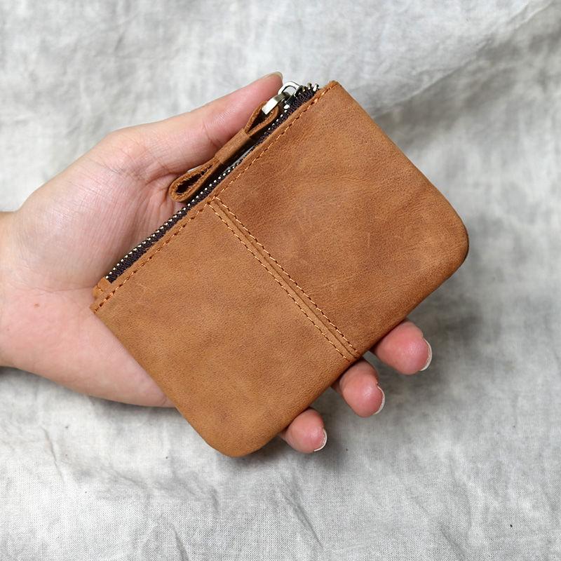 Retro Top Layer Cowhide Genuine Leather Mens Thin Purse Small Wallet Slim Zipper Key Coin Holders Loose Change Pocket Pouches