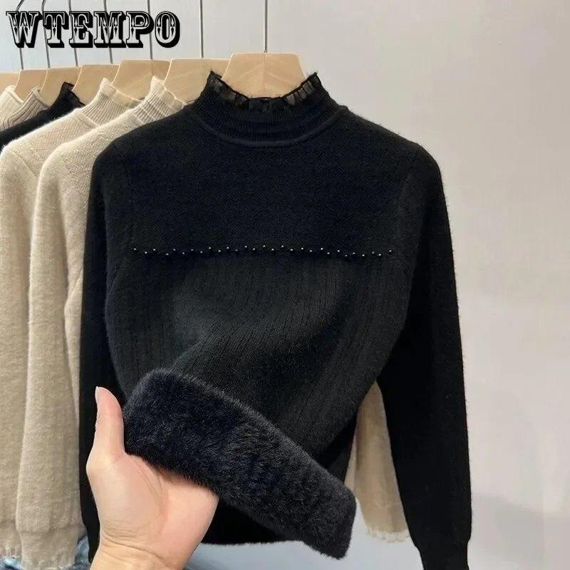 Кружевной трикотаж, теплый интегрированный плюшевый женский свитер, тонкий утепленный пуловер с полувысоким воротом, жемчужный джемпер, осень-зима