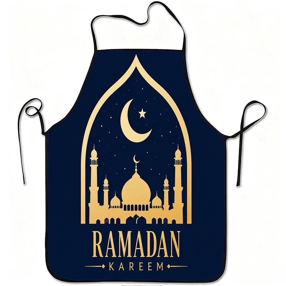 1pc Ramadan Kareem Crescent Moon Star Print Apron, Durable And Easy to Clean, Adjustable Waistband, Polyester Material, for Kitchen Cooking, Gardening