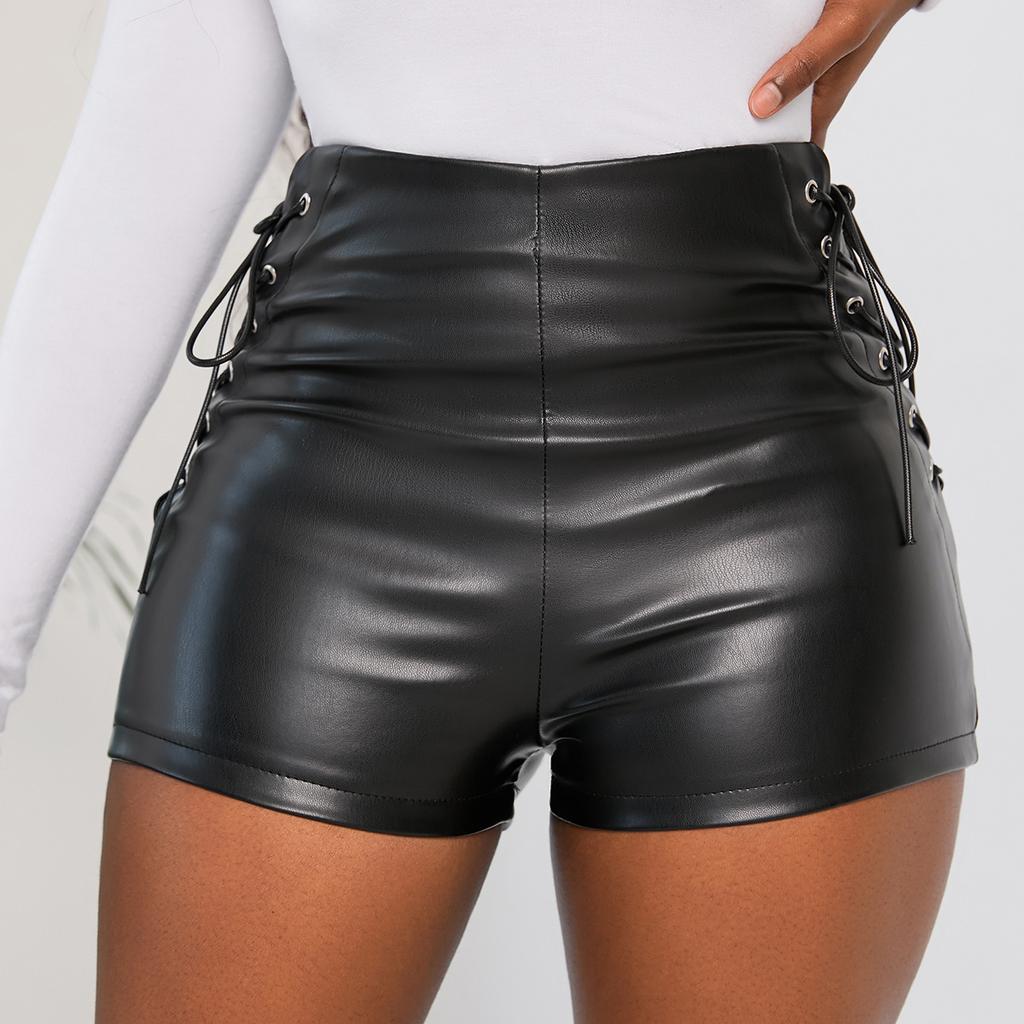 Black High Waist Stretch Shorts Women's Skinny Casual Pants Faux Leather Boot Pants Plus Size