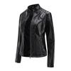 Women's Slim Fit Casual Leather Jacket with Stand Collar - Solid Color Spring/Autumn Outerwear