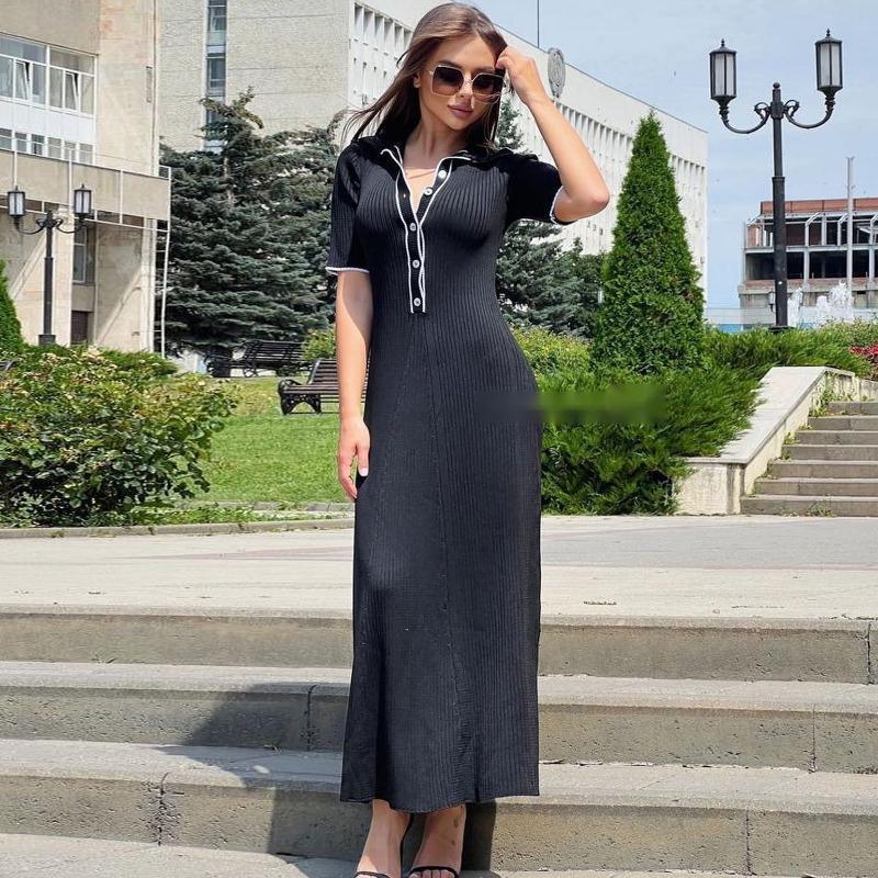 Вязаное платье макси для женщин, повседневное белое облегающее платье с отложным воротником и коротким рукавом, трикотажное платье в рубчик, женское уличное платье