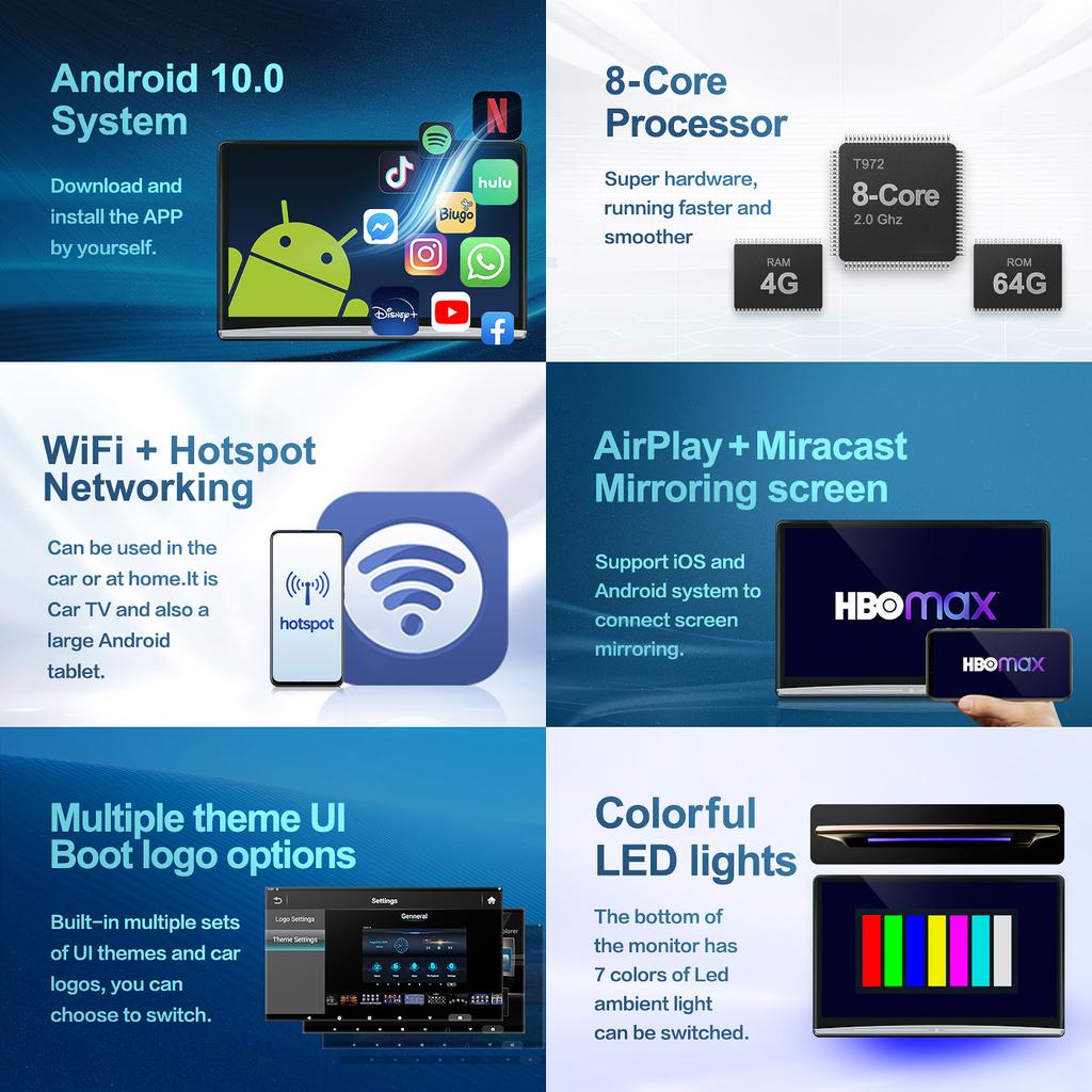 Автомобильный подголовник с телевизором, сенсорный экран 13,3 дюйма, Android 10.0, 4K, 1080P, WIFI, Bluetooth, USB, HDMI, Airplay, планшет, видеоплеер для фильмов