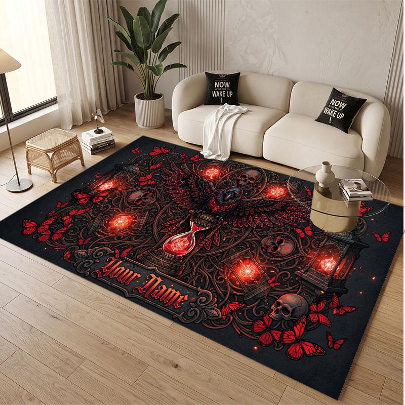 Skull Gothic Theme Soft Crystal Velvet Rug Custom Name & Text Print Non Slip Floor Rug for Bedroom Living Room