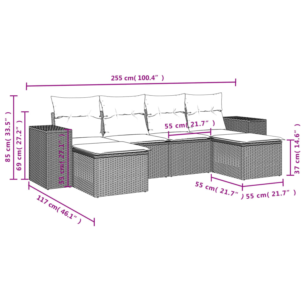 6 Piece Grey Garden Sofa Set with Cushions Poly Rattan