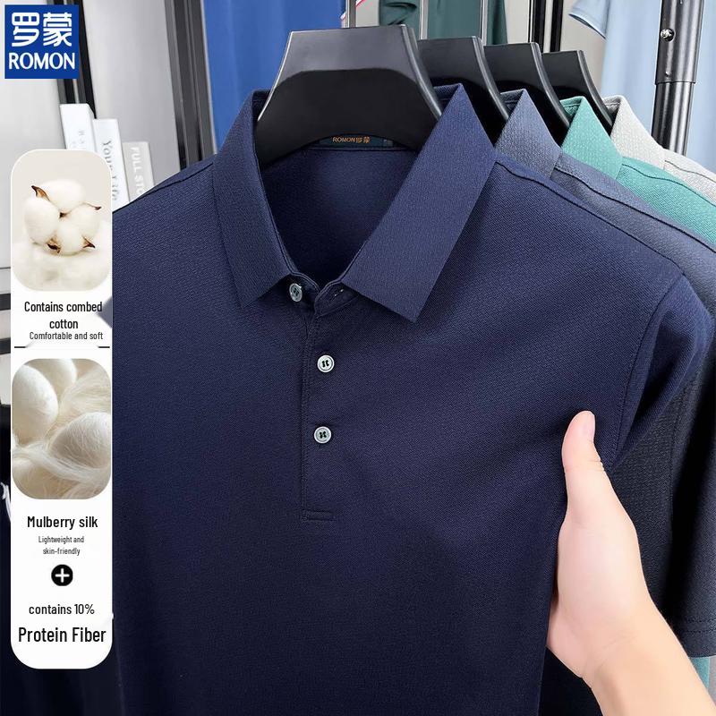 ROMON Men's 10% Silk Blend Casual Polo T-shirt