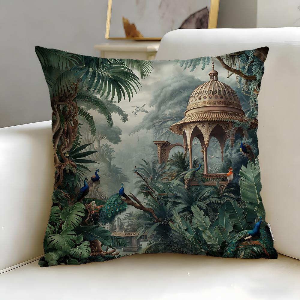 Classic Mughal Garden With Peacock Cushion Cover Soft & Easy-Wash Pillow Case – Versatile For Couch, Bed, Travel And Office
