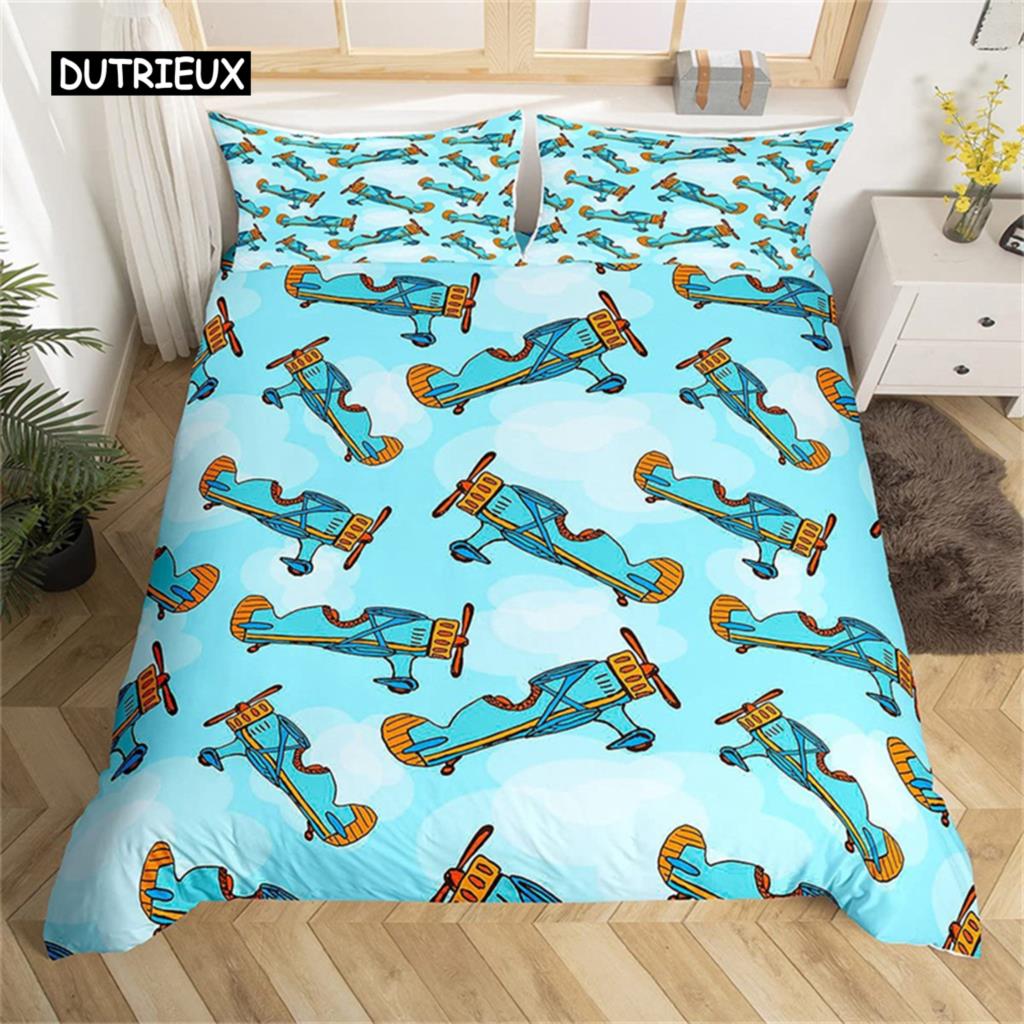 Мультяшный пододеяльник с самолетом, комплект постельного белья с самолетом, милый пододеяльник из микрофибры с облаками, Твин, Кинг, для детей, мальчиков, девочек, подарок, для комнаты