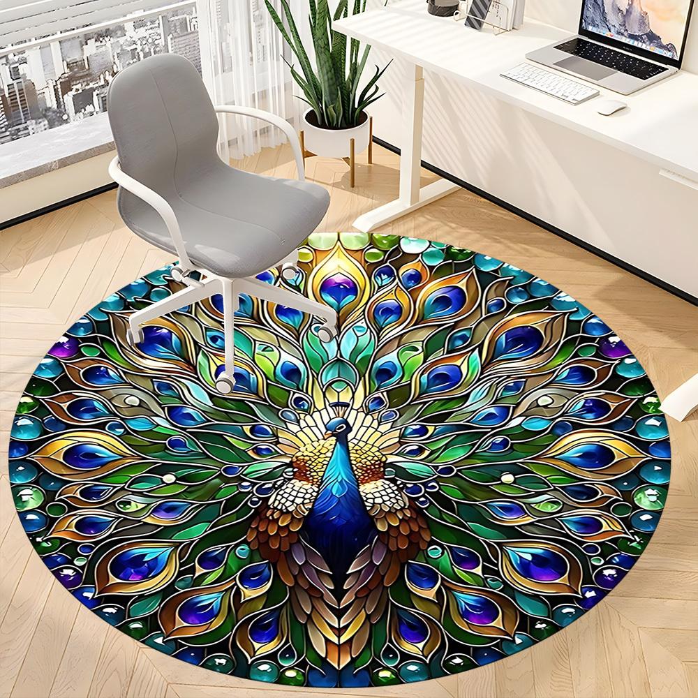 1pc Peacock Feather Mandala Carpet, Round Non Slip Durable Large Size Office Carpet, Suitable for Office