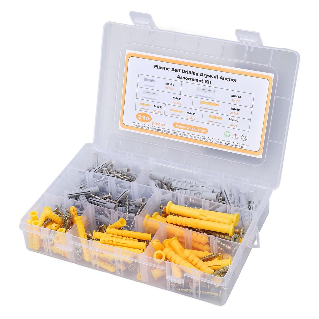 Набор саморезов 210 шт. Плоская головка, крестообразный шлиц, винты из углеродистой стали с нейлоновыми пластиковыми дюбелями для штор