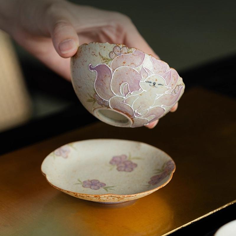 Flambe Red Glaze Ceramic Tea Cup Set Hand Painted Nine Tailed Fox with Matching Saucer Japanese Style Tea Ceremony Accessory