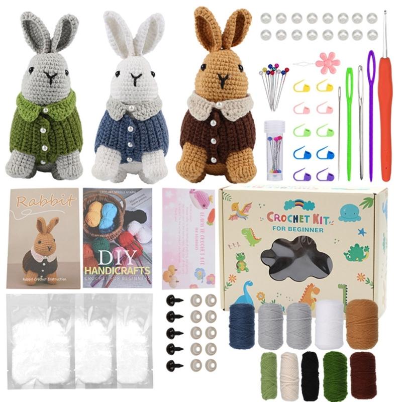 Hand Crochet Animal Set for Beginner Complete Starter Materials Pack Include Yarn Crochet Hook Craft Art Knittings Kits