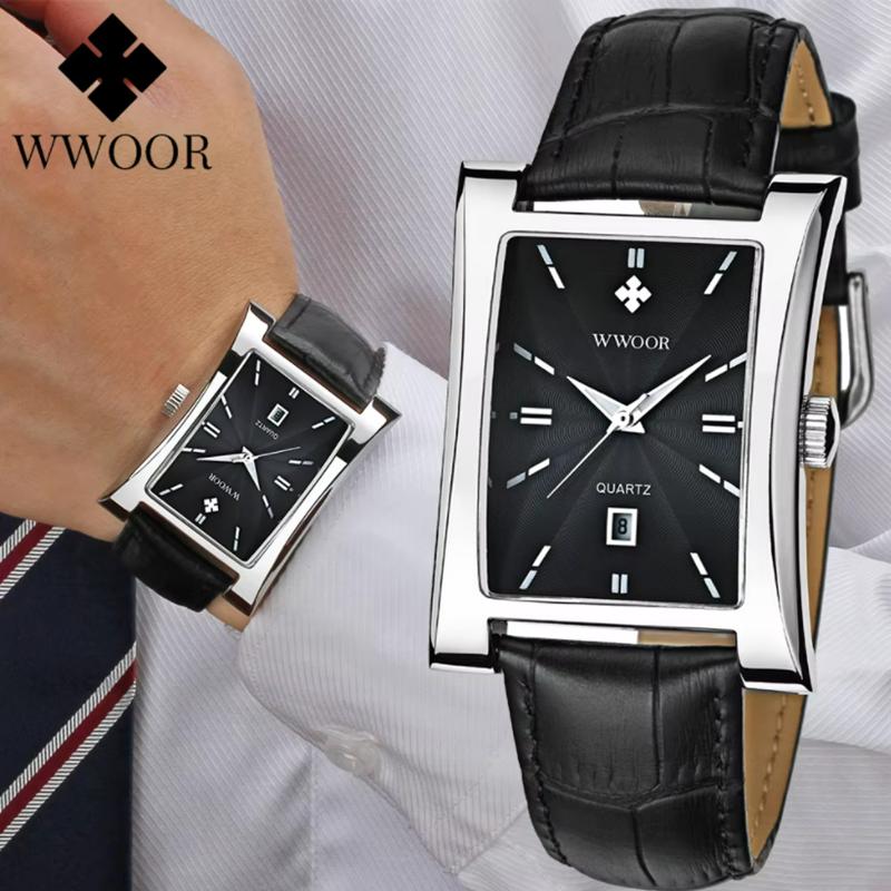 WWOOR Classic Fashion Mens Rectangle Watches Male Gold Brown Leather Quartz Waterproof Wrist Watch