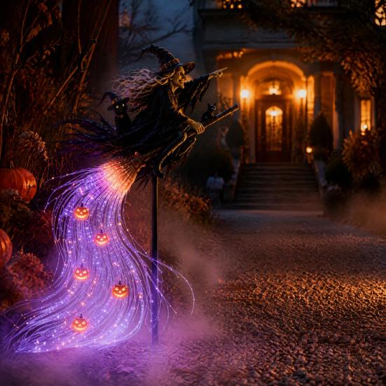 Waterproof Resin Witch Figurine Solar Halloween Garden Stake Light, Metal Flying Broomstick Decorative Broom Accents Pathway Light with Waterfall