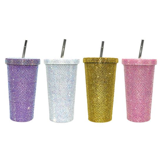 Термокружка со стразами из нержавеющей стали, изолированный стакан с крышкой и соломинкой, игристая вода со стразами