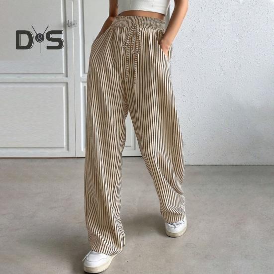 Женские брюки, регулируемые по талии, с эластичной резинкой на шнурке, длинные брюки средней посадки с карманами, широкие повседневные брюки с полосатым принтом