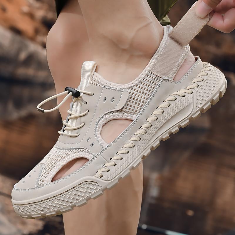 Летние сандалии мужские приливные кожаные с закрытым носком для активного отдыха и спорта, полые сандалии, пляжная обувь, ручная работа, сетчатая мужская обувь