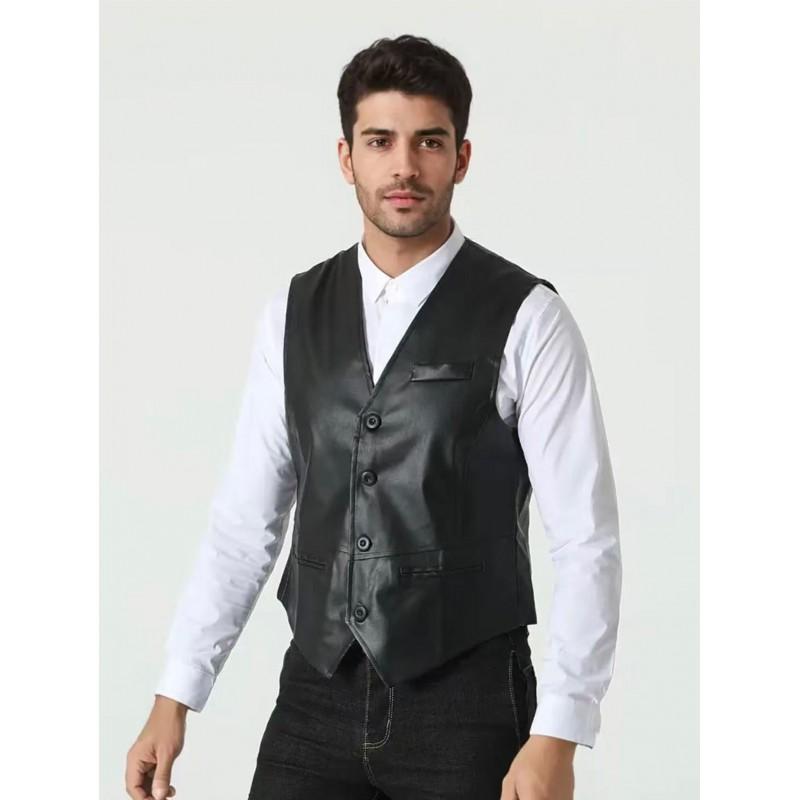 Mens PU Leather Vest Slim Fit V-Neck Single-Breasted Casual Sleeveless Jacket Black Brown