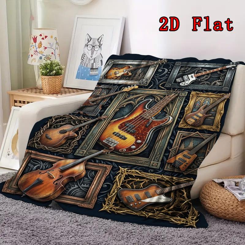 Guitar Collection Showcase 2D Flat Pattern Flannel Blanket, High quality All Seasons, Home Decor, Warmth and Comfort, Perfect for Christmas Gifts.
