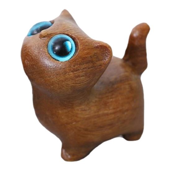 Mini Cat Figurine Hand-carved Wooden Cat Statue Collectible Polished Miniature Cat Ornament for Home Desk Bookshelf Decoration