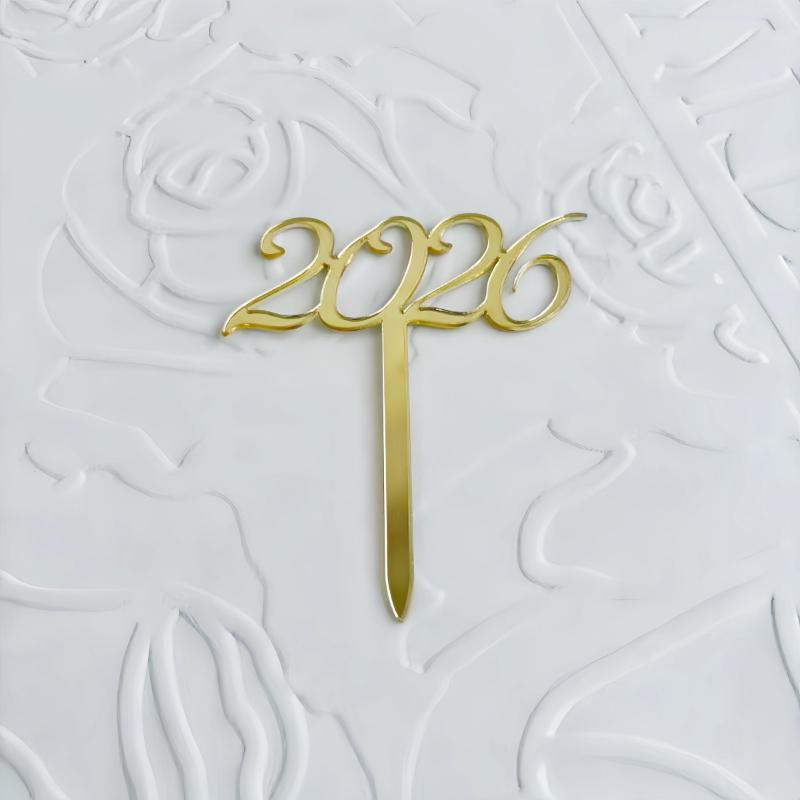 1pc Gold 2026 New Year Cake Topper Xmas Cupcake Topper Christmas New Year Party Cake Decorations