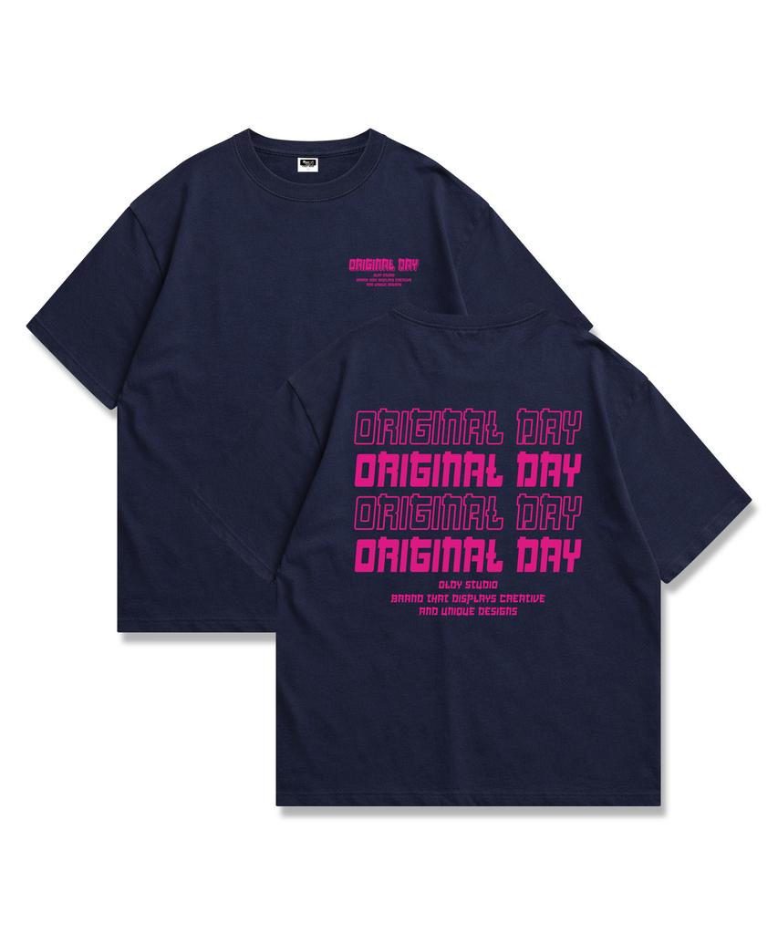 ORIGINALDAY Оригинальная цветная надпись Оверсайз футболка с коротким рукавом Унисекс Темно-синий (розовый)