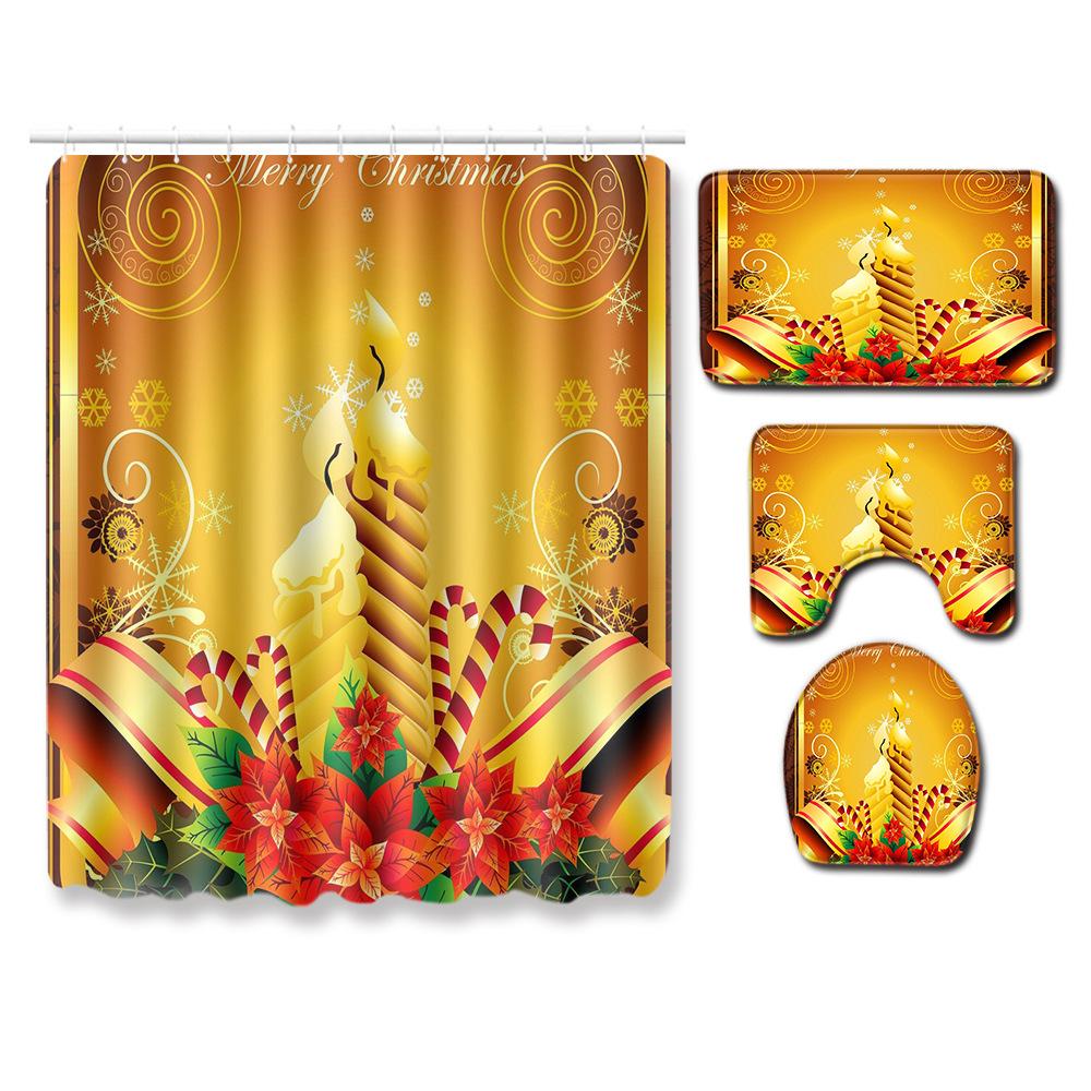 Christmas Shower Curtain Floor Mat Combination Four-Piece Set Bathroom Toilet Carpet Shower Room Mat Foot Mat