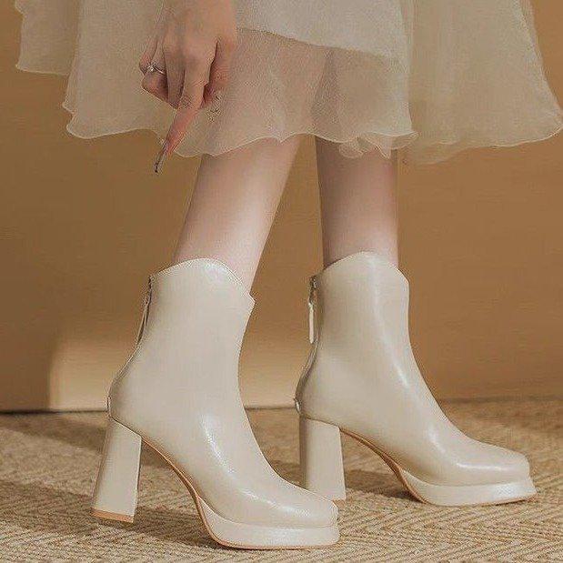Женские белые водонепроницаемые французские ботинки на платформе - квадратный носок, толстый массивный каблук, осень/зима 2025