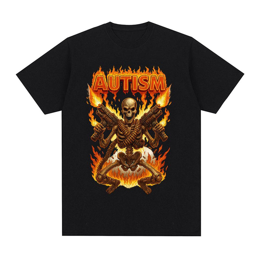 Autisitic Funny Skeleton Autism Meme Tshirts Mens Clothing Vintage Summer Short Sleeves Tshirt Cotton Casual Oversized T Shirt