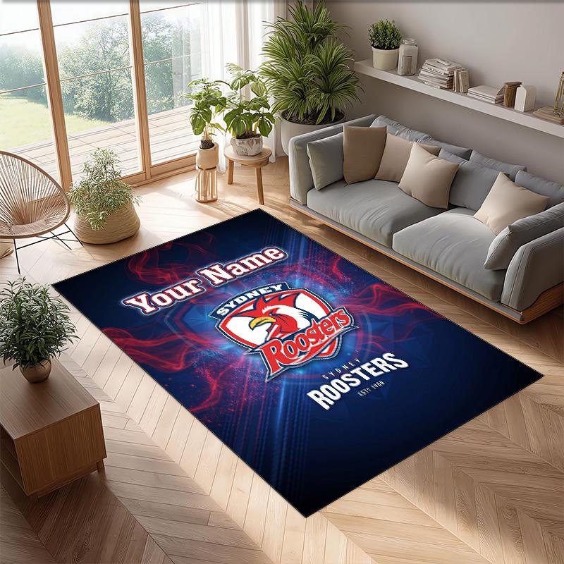 Sydney Roosters Crystal Velvet Rug, Custom Name Text Personalized Non‑Slip Floor Mat for Home Decor Gift