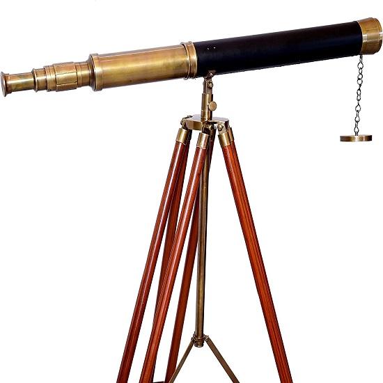 Морской катер Коричневый старинный телескоп Черный кожаный деревянный штатив Морской телескоп