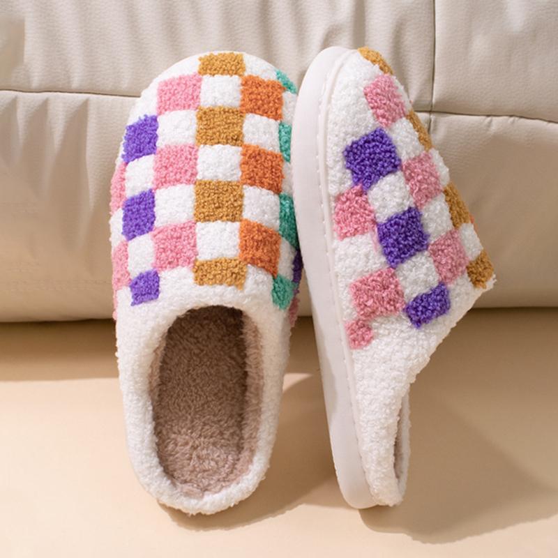 Мода Мода Смешанный цвет Клетчатые Хлопковые Тапочки Женские Комфортные Мягкая Подошва Плюшевые Домашние Шлепанцы Женские 2025 Комнатные Нескользящие Пушистые Тапочки