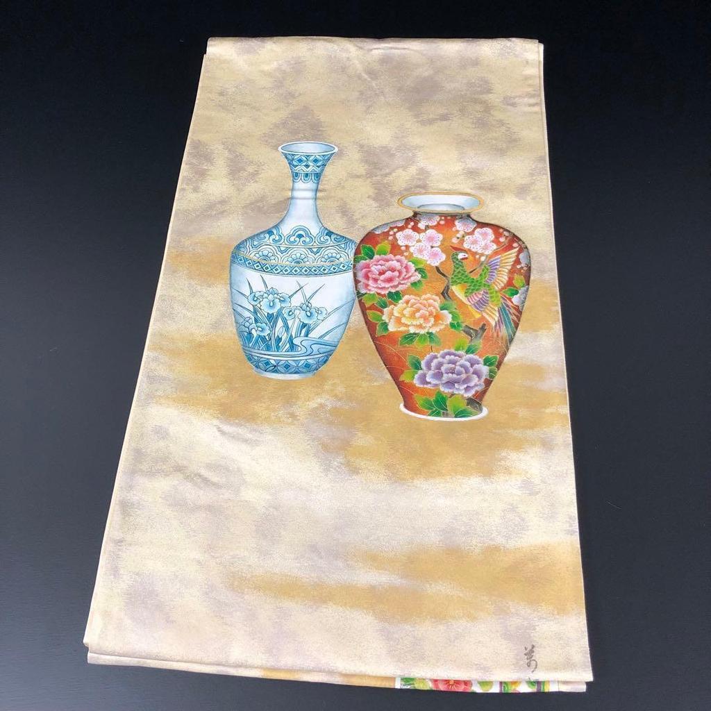 Used SO-494 Fukuro obi, drum pattern, pure silk, artist's signature, vase, masterpiece