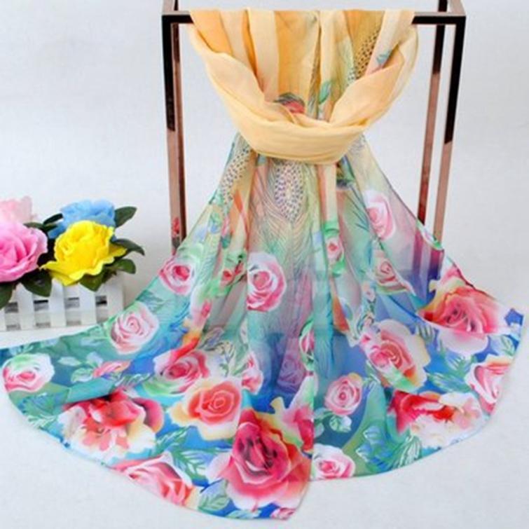 Women's Fashion Autumn Spring Small Scarf Peacock Feather Rose Pattern Chiffon Female Long Scarf