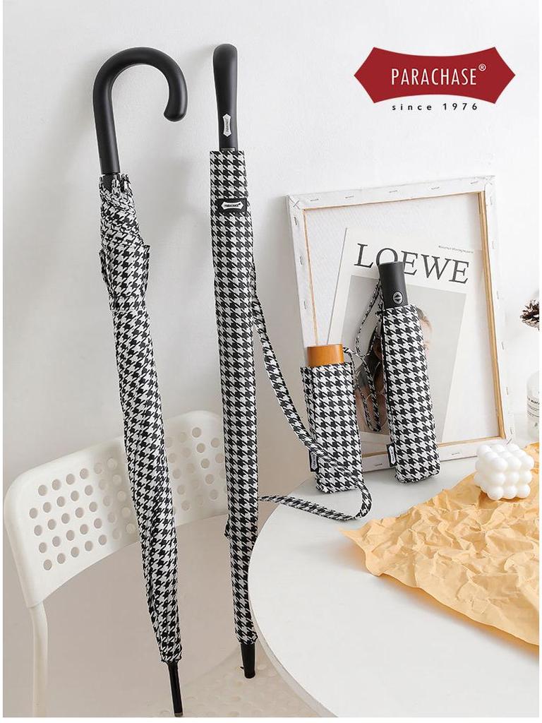 PARACHASE Легкий ветрозащитный зонт в гусиную лапку - Длинная ручка, корейский стиль, защита от солнца и дождя, складной дизайн.