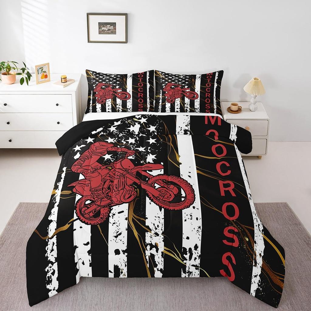 Erosebridal Teens Dirt Bike Comforter Set Twin Size, Motocross Rider Down Comforter for Kids Boys Adult Men, Motorbike Extreme Sport Bedding