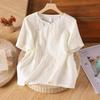 Женская рубашка с коротким рукавом, вышивка, свободного кроя, большого размера, литературная, ретро, хлопок и лен, топ, женская застежка на косую планку, пряжка, лето, новинка