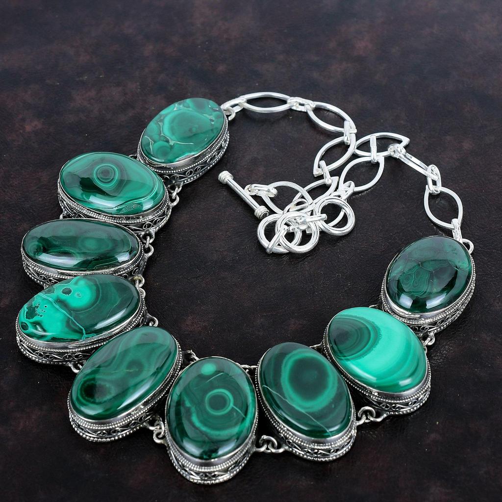 Malachite Necklace Genuine Gemstone Jewelry Vintage Necklace 925 Sterling Silver Necklace Handmade Adjustable Chain Necklace Gifts For Women