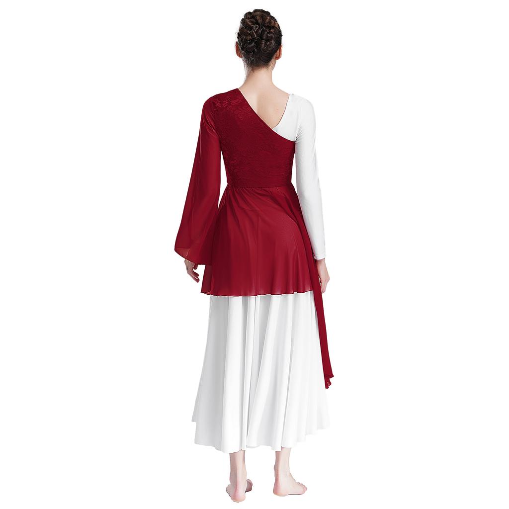 Женская туника для выступлений Worship с цветочным кружевным пэчворком, на одно плечо, с расклешенным рукавом, асимметричным подолом, танцевальное платье