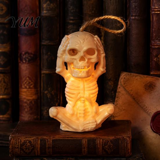 Halloween Skeleton Decoration with LED Light, Spooky Lighted Plastic Skull Haunted House Props Ornament Rope for Home Party Decor Creative Holiday