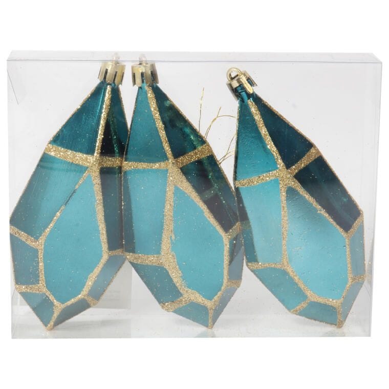 Set of 3 diamond-shaped plastic baubles in a shade of turquoise with gold glitter, 13 cm